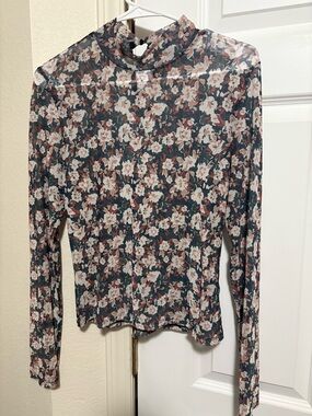 Sage Floral Mock Neck Long Sleeve Top in Dark Green and Cream